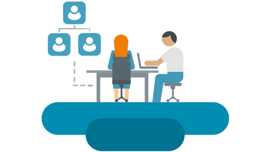 Illustration of 2 people at a desk, talking with chat symbols above their heads